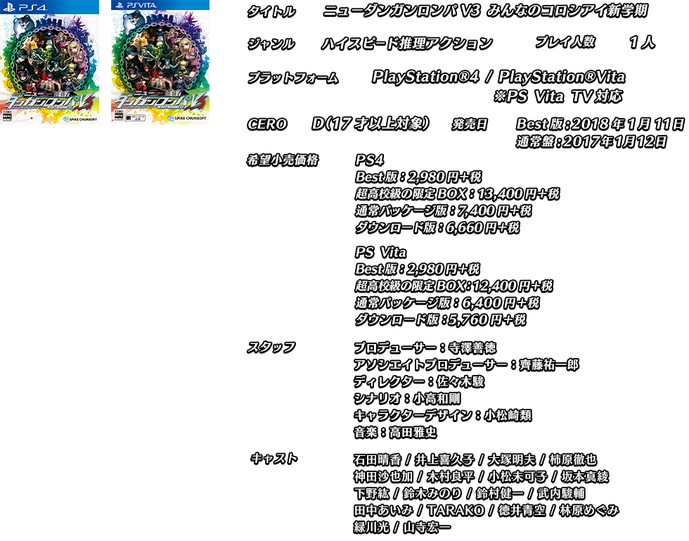 タイトル:ニューダンガンロンパV3 みんなのコロシアイ新学期 ジャンル:ハイスピード推理アクション プレイ人数:1人 プラットフォーム:PlayStation&reg;4 / PlayStation&reg;Vita ※PS Vita TV対応 CERO:D（17才以上対象） 発売日:2017年1月12日 希望小売価格:PS4 超高校級の限定BOX：13,400円＋税 通常パッケージ版：7,400円＋税 ダウンロード版：6,660円＋税 PS Vita 超高校級の限定BOX：12,400円＋税 通常パッケージ版：6,400円＋税 ダウンロード版：5,760円＋税 スタッフ:プロデューサー：寺澤善徳 アソシエイトプロデューサー：齊藤祐一郎 ディレクター：佐々木駿 シナリオ：小高和剛 キャラクターデザイン：小松崎類 音楽：高田雅史 キャスト：石田晴香/井上喜久子/大塚明夫/柿原徹也/神田沙也加/木村良平/小松未可子/坂本真綾/下野紘/鈴木みのり/鈴村健一/武内駿輔/田中あいみ/ TARAKO /徳井青空/林原めぐみ/緑川光/山寺宏一