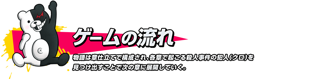 ゲームの流れ 物語は章仕立てで構成され、各章で起こる殺人事件の犯人（クロ）を見つけ出すことで次の章に展開していく。