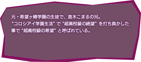 元・希望ヶ峰学園の生徒で、苗木こまるの兄。 “コロシアイ学園生活”で“超高校級の絶望”を打ち負かした事で“超高校級の希望”と呼ばれている。