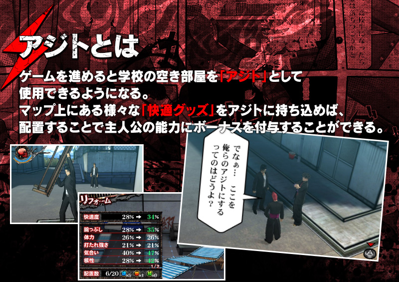 アジトとは ゲームを進めると学校の空き部屋を「アジト」として使用できるようになる。マップ上にある様々な「快適グッズ」をアジトに持ち込めば、配置することで主人公の能力にボーナスを付与することができる。
